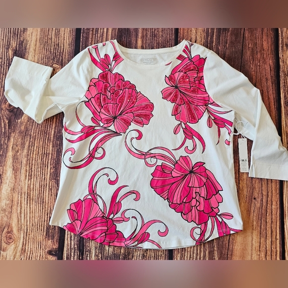 Chico's Size Large Cotton Kasbah Pink Floral Embellished Perfect Tee 3/4 Sleeve - Picture 2 of 9